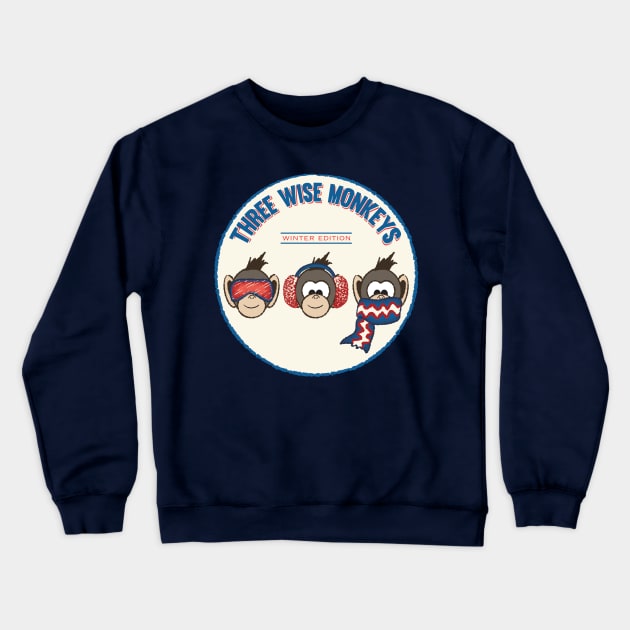 Three Wise Monkeys Winter Edition Crewneck Sweatshirt by Scrabbly Doodles